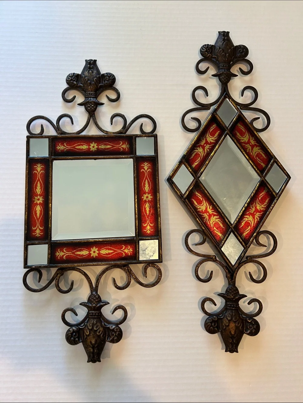Vintage Red & Bronze Ornate Wall Mirror Pair